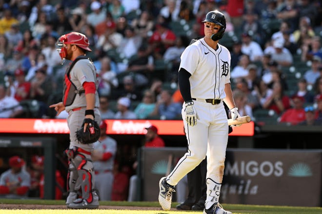 Tigers’ Spencer Torkelson goes back to the dugout after he strikes out swining in the ninth inning. Detroit Tigers vs St. Louis Cardinals at Comerica Park in Detroit on April 30, 2024.