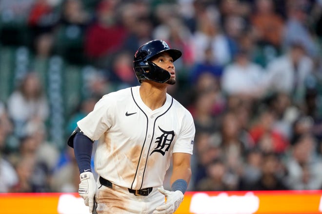 Detroit Tigers' Wenceel Pérez watches his two-run home run clear the wall during the fifth inning.
