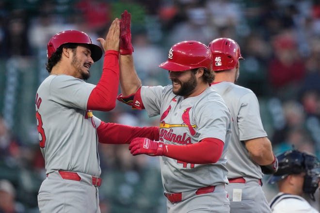 St. Louis Cardinals' Alec Burleson (41) is greeted by Nolan Arenado after a three-run home run during the fifth inning.