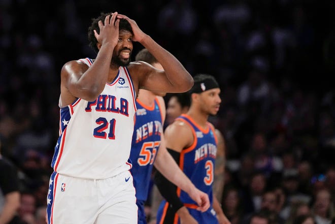 76ers' Joel Embiid (21) reacts after a turnover during the second half of Game 5 of the first-round playoff series against the Knicks on Tuesday in New York.