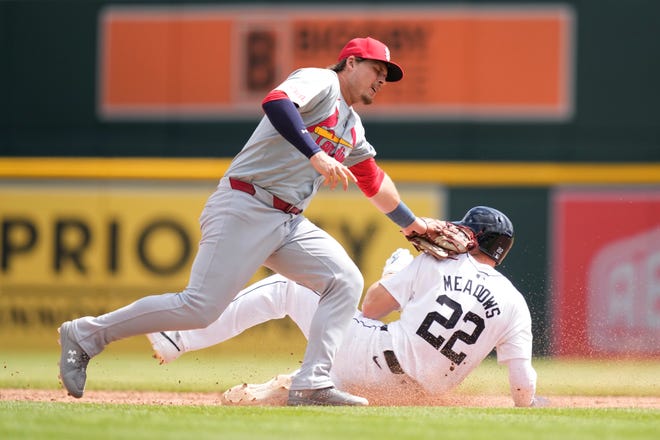 Tigers' Parker Meadows (22) is tagged out by Cardinals second baseman Nolan Gorman during an attempted steal in the eighth inning.