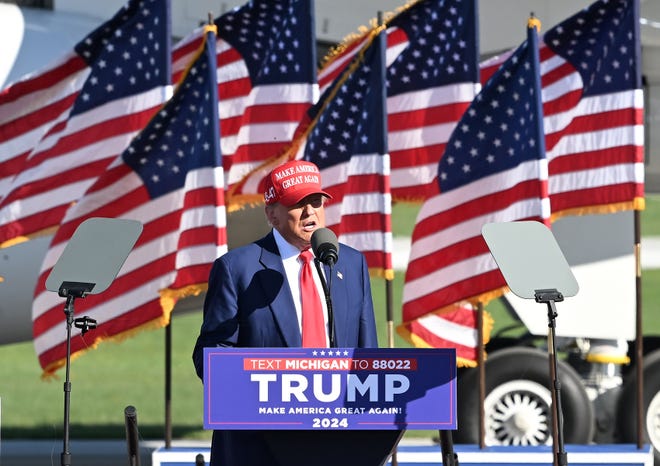 Former President Donald Trump speaks at his rally at MBS International Airport in Freeland, Michigan, on May 1, 2024.