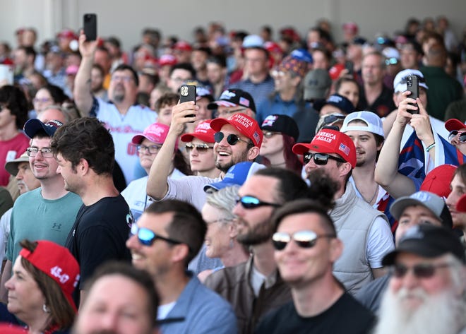 Trump supporters as Donald Trump speaks at his rally at MBS International Airport in Freeland, Mich. on May 1, 2024.