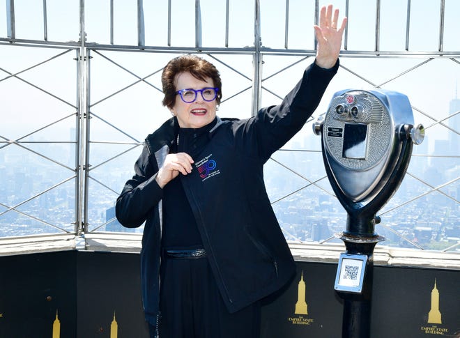 Billie Jean King lights the Empire State Building in honor of the Women's Sports Foundation's 50th Anniversary at The Empire State Building on May 02, 2024 in New York City.