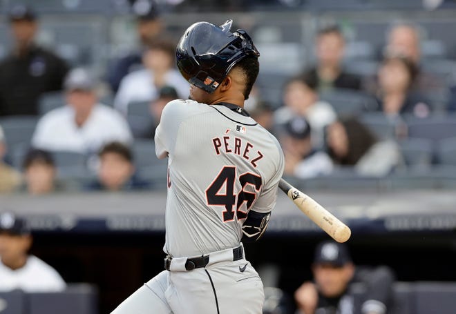 Wenceel Perez #46 of the Detroit Tigers loses his helmet on a swing during the first inning against the New York Yankees at Yankee Stadium on May 03, 2024 in New York City. The Yankees win, 2 to 1.