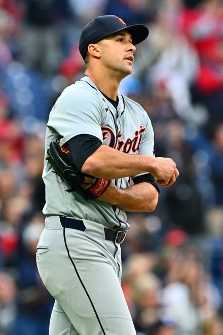 Starting pitcher Jack Flaherty #9 of the Detroit Tigers reacts after giving up a solo homer during the sixth inning.