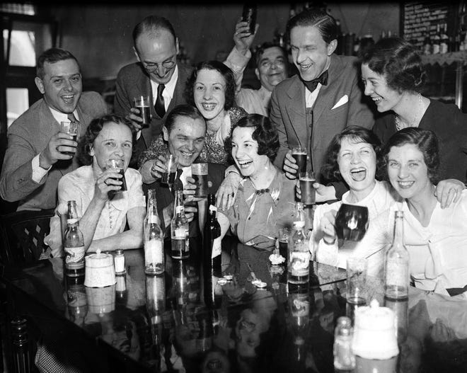 Detroit News employees are having a swell time at Adams Restaurant in Detroit in 1933. Incidentally, they're drinking Eidelweiss beer, a Chicago brew.  Browse this gallery for other glimpses of Detroit drinking and dining scenes through the years.