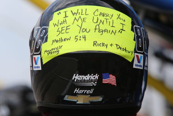 Detail photo of the helmet of Alex Bowman, driver of the No. 88 Chevrolet, during the NASCAR Cup Series Consumers Energy 400 at Michigan International Speedway.