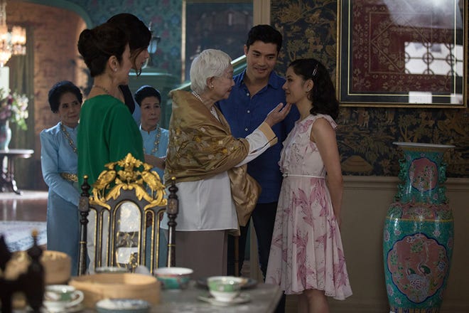 Michelle Yeoh, Gemma Chan, Lisa Lu, Henry Golding and Constance Wu in "Crazy Rich Asians."