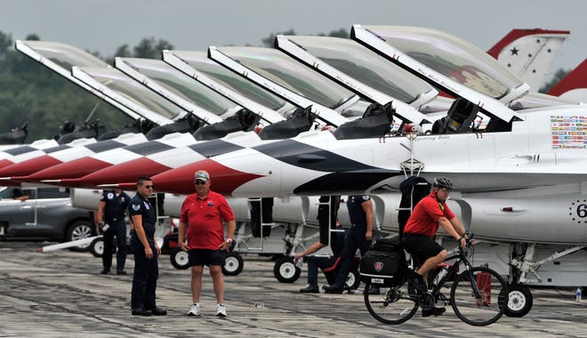 The U.S. Air Force Thunderbirds are lined up before they perform.