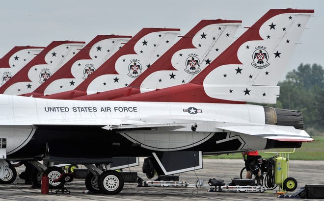 The U.S. Air Force Thunderbirds are lined up before they perform.