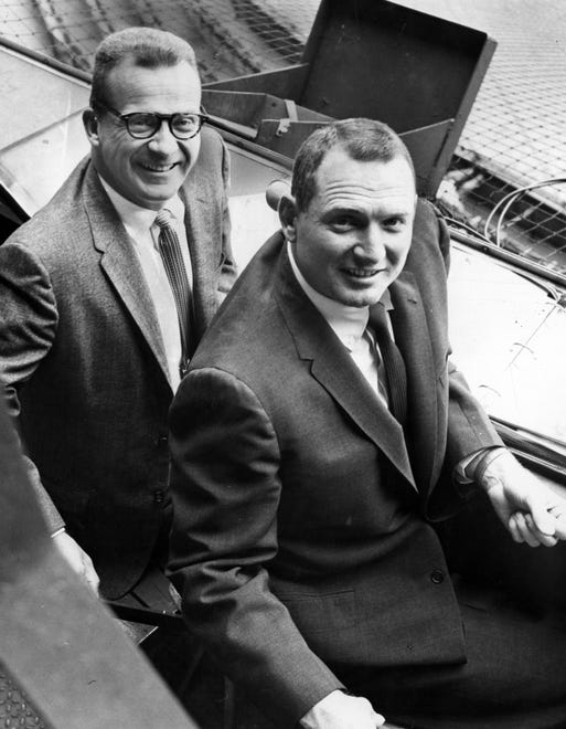 Former Tigers player George Kell, right, joined the booth in 1959, working alongside van Patrick. Kell then recommended the Tigers hire a broadcaster named Ernie Harwell, left. The two worked together from 1959-63 calling Tigers TV on WJBK.