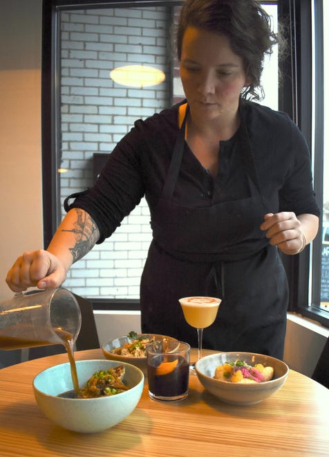 Welch pours a rich pork and shrimp bone broth over shrimp dumplings for a dish called " Noodles & Broth " which features a rotating list of proteins, veggies and noodles.