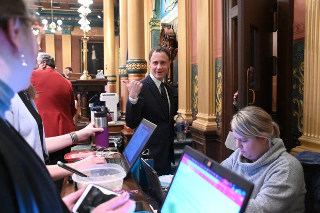 Michigan speaker of the House Tom Leonard, R-DeWitt, jokes with reporters om the House Chambers recently, telling them they're wasting their time covering the House today, and asking "What are they doing over on the other (Senate) side?" on November 27, 2018.