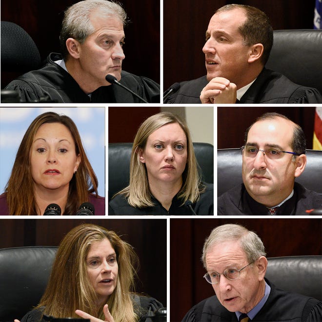Michigan’s Supreme Court on Jan. 1, 2019:  L-R by row from top, justices  Brian Zahra,  Richard Bernstein, Megan Cavanagh, Elizabeth Clement, David Viviano, Bridget Mary McCormack and chief justice Stephen Markman.