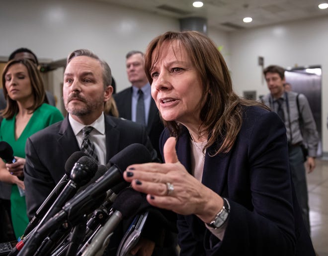 General Motors CEO Mary Barra speaks to reporters after meeting with the Michigan congressional delegation to discuss plans for the massive restructuring by the Detroit-based automaker, on Capitol Hill in Washington, Thursday, Dec. 6, 2018.