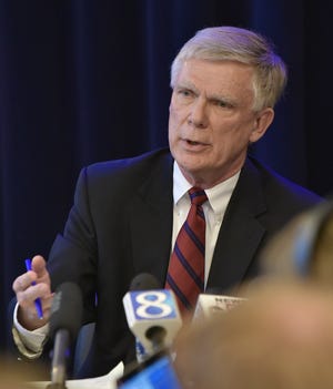 William Forsyth, special independent prosecutor investigating Michigan State University's handling of the Larry Nassar sex abuse scandal, addresses the media  about the  investigation at the G. Mennen Williams building in Lansing, Friday.