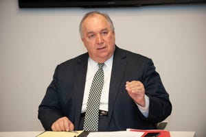Michigan State University Interim President John Engler answers questions from The Detroit News Editorial Board and reporters in the Tony Snow conference room at The Detroit News in downtown Detroit on Friday, January 11, 2019.