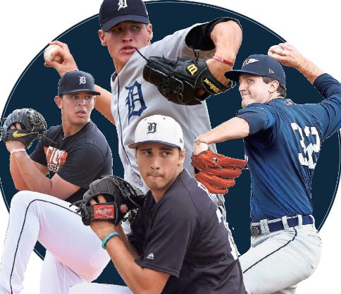 Tigers prospects, clockwise from top, Matt Manning, Casey Mize, Alex Faedo and Franklin Perez.