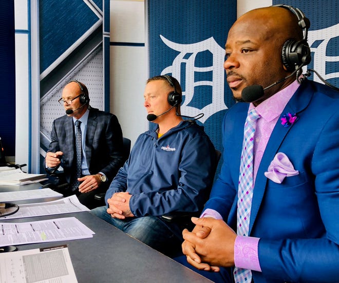 Kirk Gibson, from left, Brandon Inge and Craig Monroe work Thursday's Tigers broadcast.