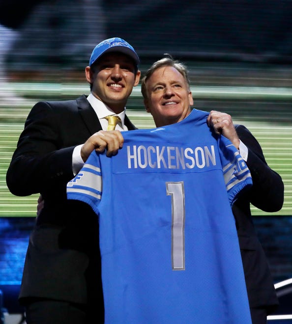 Iowa tight end T.J. Hockenson poses with NFL Commissioner Roger Goodell after the Detroit Lions selected Hockenson in the first round at the NFL football draft, Thursday, April 25, 2019, in Nashville, Tenn.