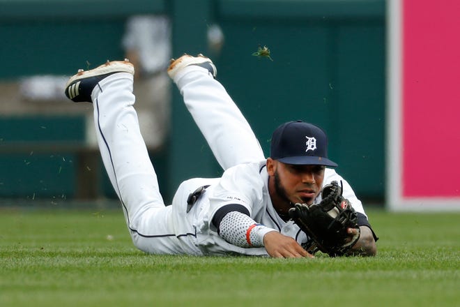 Detroit Tigers second baseman Harold Castro catches a fly ball hit by the Los Angeles Angels' David Fletcher in the second inning of a 13-0 Tigers loss Thursday, May 9, 2019, in Detroit.