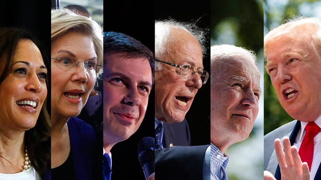 A new statewide Glengariff Group public opinion survey of 600 likely voters shows how Democratic presidential candidates Kamala Harris, from left, Elizabeth Warren, Pete Buttigieg, Bernie Sanders, and Joe Biden fare against incumbent President Donald Trump.