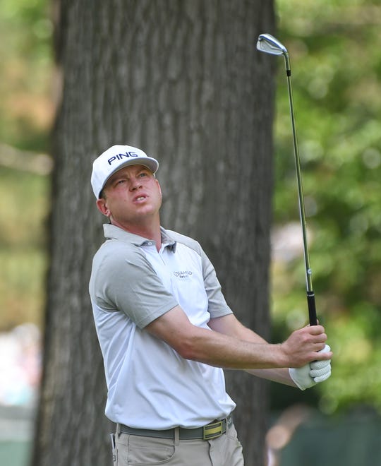 Tournament leader Nate Lashley watches his drive on the 11th hole during the second round of the Rocket Mortgage Classic at the Detroit Golf Club in Detroit, Michigan on June 28, 2019.