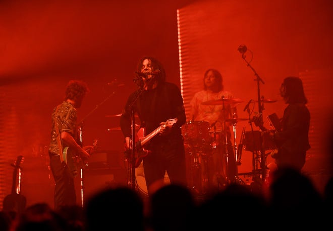 The Raconteurs' Brendan Benson and Jack White on guitars, Patrick Keeler on drums and Jack Lawrence on bass, play at the Masonic Temple in Detroit on July 12, 2019.