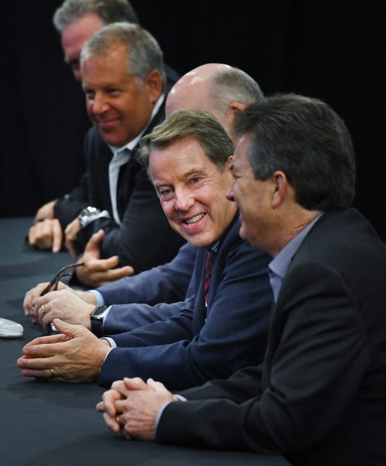 The Ford team smiles as negotiations with the UAW begin Monday.  Left to right are Vice President Gary Johnson, Automotive President Joe Hinrichs, President and CEO Jim Hackett,  Executive Chairman William Clay Ford Jr. and Vice President Bill Dirksen.