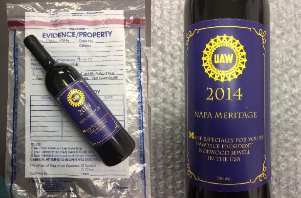 During a 2015 UAW party paid for with Fiat Chrysler cash, attendees received a wine bottle honoring union Vice President Norwood Jewell. The wine and party cost $25,065.