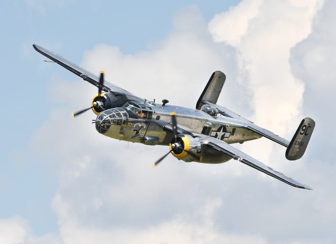 The majestic yet deadly B-25 'Yankee Warrior' takes to the skies over Willow Run Airport during the Thunder Over Michigan Air Show in Ypsilanti, Michigan on August 4, 2019.
