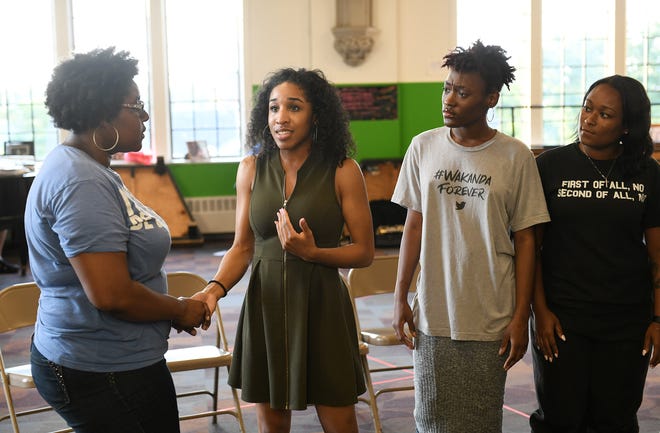 From left, Portraying The Marvelettes, Makayla Hewins as Wyanetta "Juanita" Cowart, Jenia Head as Katherine "Kat" Anderson, Aj'ziona Campbell-Kelly, in gray, as Georgeanna Tillman and Takina Cheatham as Wanda Young perform a scene at rehearsal.