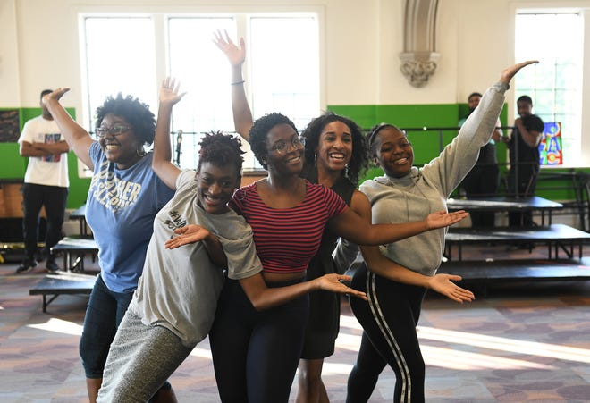 From left, Makayla Hewins as Wyanetta "Juanita" Cowart, Aj'ziona Campbell-Kelly, in gray, as Georgeanna Tillman, Cayla Sims as Georgia Dobbins, Jenia Head as Katherine "Kat" Anderson and Rayven Davis as Gladys Horton at the rehearsal for "Now That I Can Dance:  Motown 1962" at the Mosaic Youth Theater in Detroit on Aug. 1, 2019.  "Now That I Can Dance - Motown 1962" tells the little known story of the Marvelettes and the origin of Motown's first #1 record on the pop charts, Please Mister Postman. This is a Mosaic Alumni Partnership production which includes youth as well as alumni.