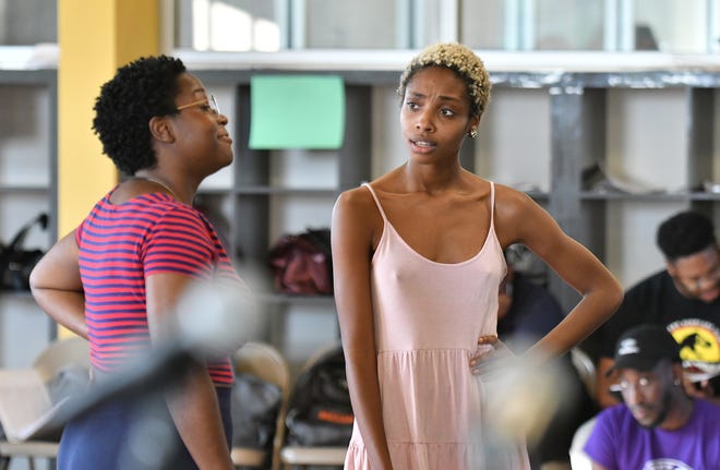 The Marvelettes' Georgia Dobbins, left, is played by Cayla Sims and The Supremes' Diane "Diana" Ross, right, is played by Kendall Hall during a scene at rehearsal.