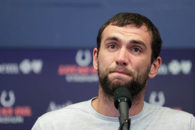 Indianapolis Colts quarterback Andrew Luck speaks during a news conference, announcing his retirement.