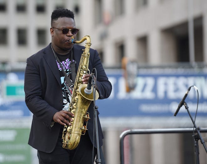 DeSean Jones of the Detroit 313 Live Experience band performs on the Spirit of Detroit stage.