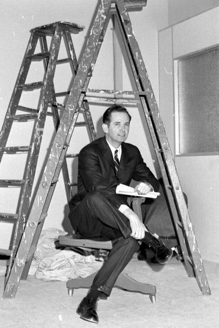 William G. Milliken became Michigan's 44th governor on Jan. 22, 1969. Above, he poses under a ladder at his new Detroit office on Feb. 18.