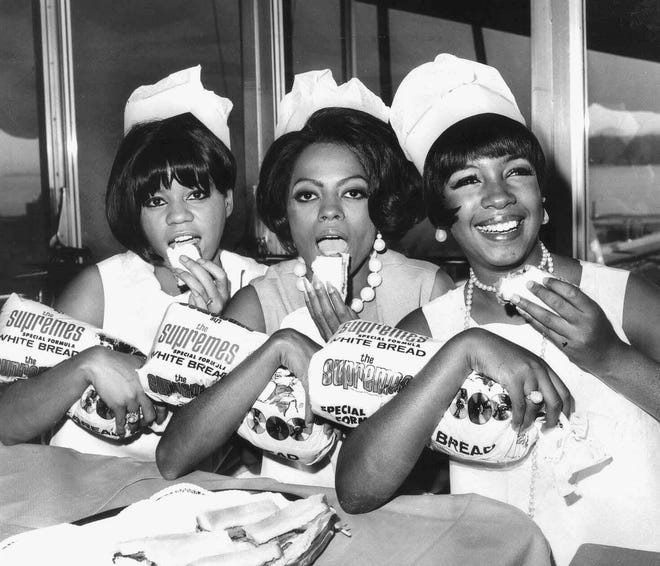 Motown artists often promoted other products in the 1960s. In this photo taken in April 1966, the Supremes, from left, Florence Ballard, Diana Ross and Mary Wilson, pose with "Supremes Bread," made by Detroit-based Schaefer Bakeries.