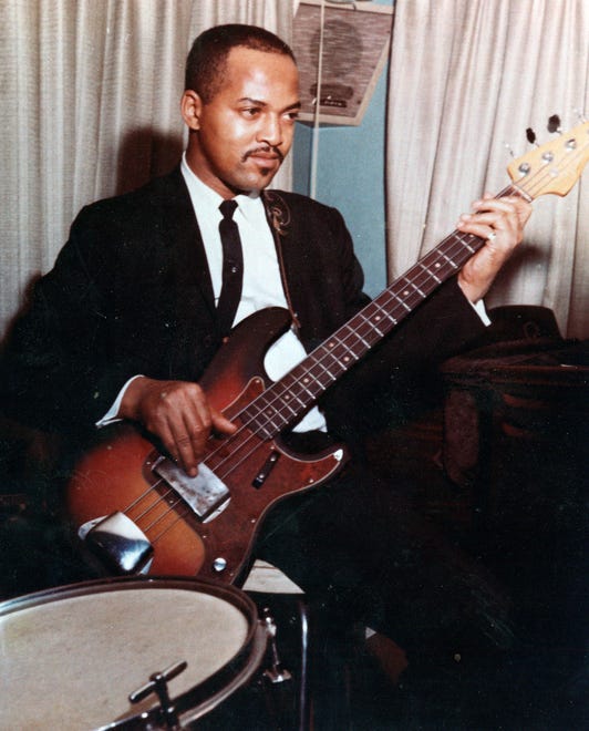 James Jamerson, seen in 1964, played bass on most Motown recordings in the '60s and '70s, his melodic bass lines influencing many musicians.  He died in 1983 at age 47 and was inducted into the Rock and Roll Hall of Fame in 2000.