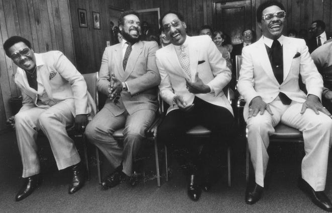 The Four Tops, on the other hand, stayed together for more than four decades, after meeting in Detroit as teenagers.  Seen here in 1985 are Lawrence Payton, Levi Stubbs, Abdul 'Duke' Fakir and Renaldo Benson. They remained intact until the death of Payton in 1997.