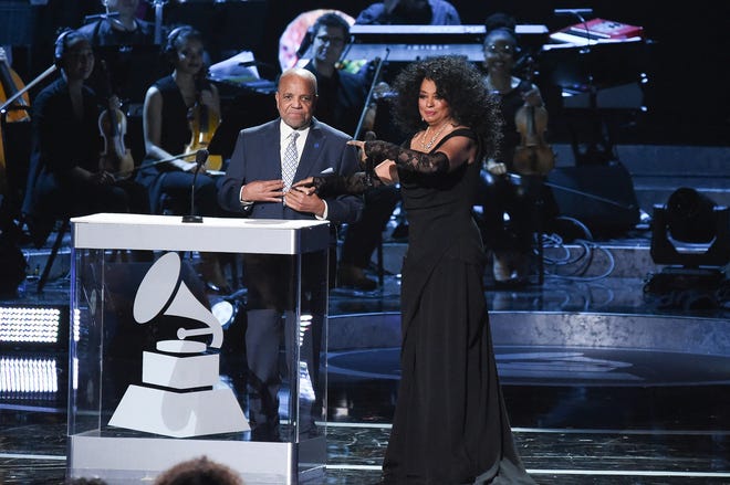 Berry Gordy and Diana Ross speak onstage during "Motown 60: A Grammy Celebration" Feb. 12, 2019 in Los Angeles. Gordy said his historic label brought together people from all walks of life through a "legacy of love."