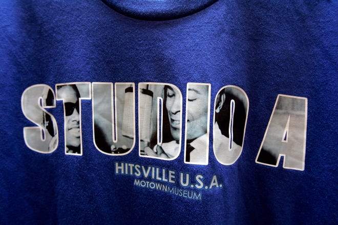 A T-shirt depicts Stevie Wonder and Marvin Gaye in the Studio A logo in the gift shop at the Motown Museum in Detroit, Michigan on Oct. 8, 2008.