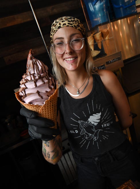 Kyla serves up a soft serve vegan chocolate and raspberry twist at a pop-up within Grandma Bob's Handmade Pizza called Cold Truth.