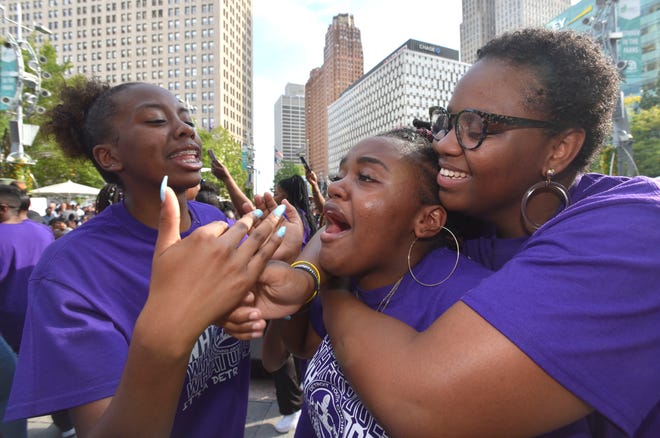 Members of the Detroit Youth Choir and support staff celebrate after an announcement is made on stage that a $1 million endowment is gifted to the choir by the Skillman and Kresge foundations and other Detroit philanthropies. The city of Detroit, the Downtown Detroit Partnership and WDIV host a homecoming celebration for the singers, director Anthony White and the rest of the choir's team at Campus Martius, Friday, September 20, 2019. The group finished in 2nd place on the America's Got Talent show.