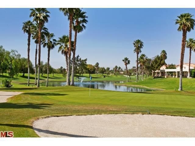 The private Palm Springs villa borders a 27-hole championship golf course and is minutes from downtown Palm Springs.