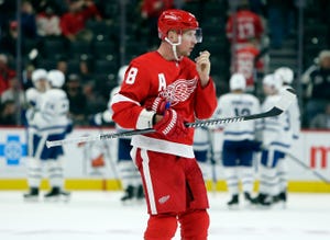 Justin Abdelkader skates to the bench during the Red Wings' game against the Maple Leafs on Saturday night.