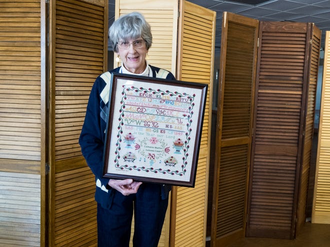Embroidery Guild member Delores Carter of Farmington Hills spent two years on this embroidery/cross stitch sampler.