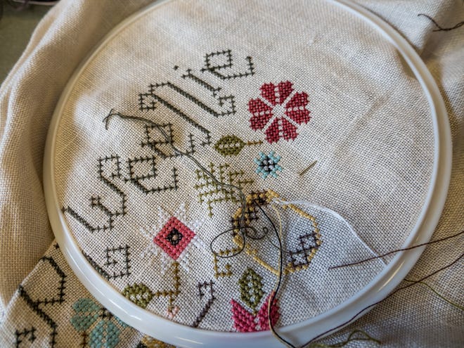 Embroidery Guild work in progress by President, Beverly Weidendorf of Farmington Hills