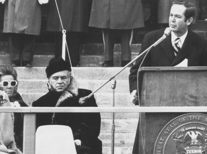 Gov. Milliken speaks at his inauguration for his first full term as governor, Jan. 2, 1971. He would serve 14 years as governor, from 1969 to 1983.